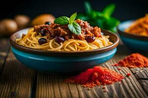 spaghetti met vlees en saus in een schaal. ai-gegenereerd foto