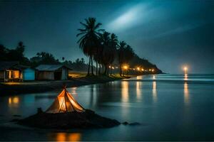 een tent Aan de strand Bij nacht met palm bomen. ai-gegenereerd foto