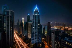 de stad horizon Bij nacht met verkeer lichten. ai-gegenereerd foto