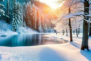 winter landschap met bomen en sneeuw. ai-gegenereerd foto