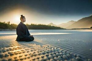 een Mens mediteren in de zand Bij zonsondergang. ai-gegenereerd foto