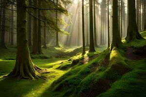 de zon schijnt door de bomen in een Woud. ai-gegenereerd foto