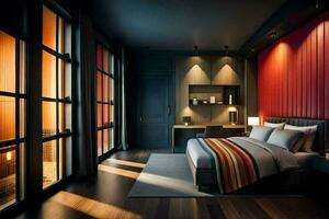 een slaapkamer met rood muren en houten vloeren. ai-gegenereerd foto
