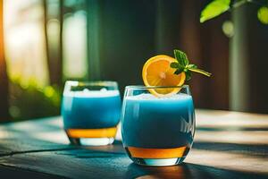 twee bril van blauw drinken met oranje plakjes. ai-gegenereerd foto