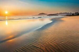 de zon stijgt over- de oceaan en de zand Aan de strand. ai-gegenereerd foto