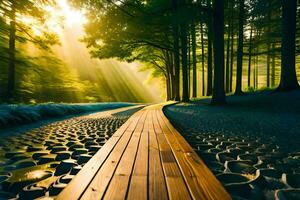 een houten pad in de bossen met zonnestralen schijnend omlaag. ai-gegenereerd foto