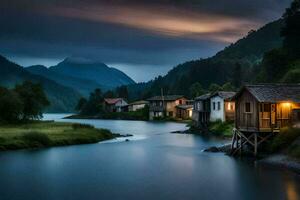 foto behang de lucht, bergen, water, de donker, de meer, de bergen, de. ai-gegenereerd