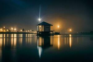 een klein huis Aan de water Bij nacht. ai-gegenereerd foto