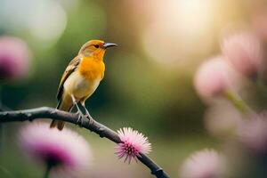 een vogel is zittend Aan een Afdeling met roze bloemen. ai-gegenereerd foto