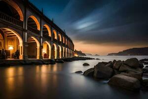 een lang blootstelling foto van een brug over- de oceaan. ai-gegenereerd