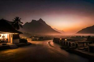 een klein dorp Bij zonsondergang met bergen in de achtergrond. ai-gegenereerd foto