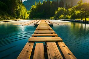 houten brug over- een meer in de bergen. ai-gegenereerd foto