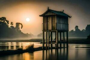 een klein hut staat Aan de kust van een rivier- Bij zonsopkomst. ai-gegenereerd foto