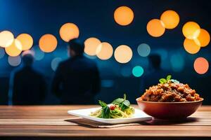 een bord van pasta en een kom van saus Aan een tafel in voorkant van een wazig achtergrond. ai-gegenereerd foto