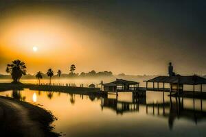 de zon stijgt over- een meer met een dok en palm bomen. ai-gegenereerd foto