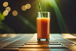 een glas van oranje sap zittend Aan een tafel. ai-gegenereerd foto