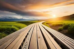 een houten promenade Leidt naar een zonsondergang. ai-gegenereerd foto