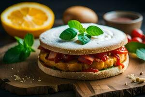 een belegd broodje met tomaten, kaas en kruiden. ai-gegenereerd foto