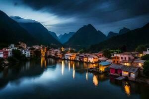 de dorp van li rivier- in China. ai-gegenereerd foto