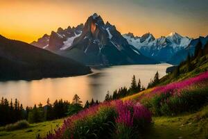 de bergen en meer zijn Bij zonsondergang met Purper bloemen. ai-gegenereerd foto
