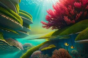 een kleurrijk onderwater- tafereel met koraal en vis. ai-gegenereerd foto