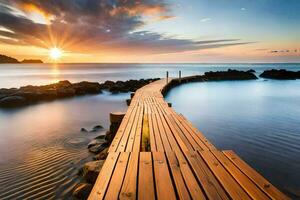 een houten pier strekt zich uit uit in de oceaan Bij zonsondergang. ai-gegenereerd foto