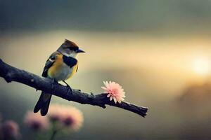 een vogel zit Aan een Afdeling met een bloem in de achtergrond. ai-gegenereerd foto