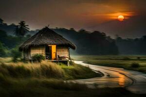 een hut zit Aan de kant van een weg Bij zonsondergang. ai-gegenereerd foto