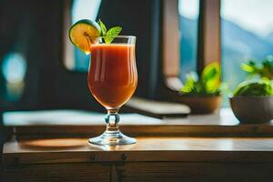 een glas van rood drinken Aan een tafel. ai-gegenereerd foto