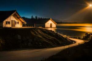 een huis Aan de kust van een meer Bij nacht. ai-gegenereerd foto