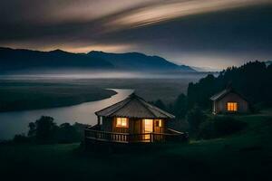 twee klein huizen zitten Aan de rand van een meer Bij nacht. ai-gegenereerd foto