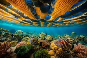 onderwater- tafereel met kleurrijk vis en koralen. ai-gegenereerd foto