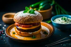 een Hamburger met kaas en tomaat Aan een bord. ai-gegenereerd foto