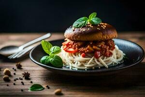 spaghetti met vlees en saus Aan een bord. ai-gegenereerd foto