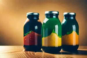 drie flessen van sap met verschillend kleuren. ai-gegenereerd foto