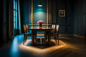 een dining kamer met donker hout vloeren en blauw muren. ai-gegenereerd foto