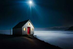 een klein huis zit Aan de kust van een lichaam van water. ai-gegenereerd foto