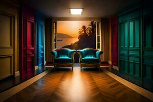 twee stoelen in een kamer met een muur geschilderd in helder kleuren. ai-gegenereerd foto
