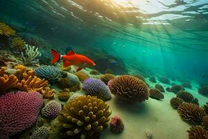 een vis zwemt over- een koraal rif met kleurrijk koralen. ai-gegenereerd foto