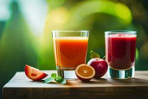 twee bril van sap met fruit Aan een houten tafel. ai-gegenereerd foto