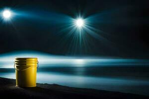 een geel emmer zit Aan de strand Bij nacht. ai-gegenereerd foto