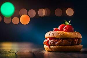 een Hamburger met aardbeien Aan top. ai-gegenereerd foto