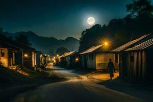 een Mens wandelingen naar beneden de weg Bij nacht in een dorp. ai-gegenereerd foto