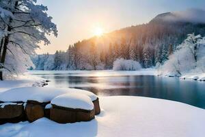 sneeuw gedekt bomen en een rivier- in de winter. ai-gegenereerd foto