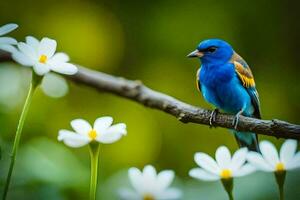 een blauw vogel zit Aan een Afdeling met wit bloemen. ai-gegenereerd foto