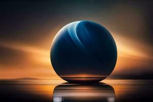 een blauw bal zittend Aan top van een water oppervlak. ai-gegenereerd foto