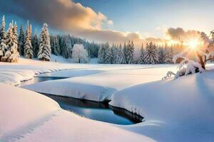 een besneeuwd landschap met een stroom en bomen. ai-gegenereerd foto