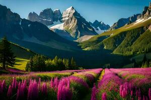 de bergen zijn gedekt in Purper bloemen en de zon schijnt Aan de bloemen. ai-gegenereerd foto