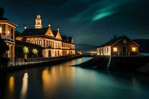 een rivier- en een gebouw Bij nacht. ai-gegenereerd foto