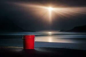 een rood emmer zit Aan de strand Bij nacht. ai-gegenereerd foto